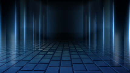 Empty background scene. Dark street reflection on wet asphalt, fog. Rays of neon light in the dark, neon figures, smoke. Background of empty stage show. Abstract dark background.
