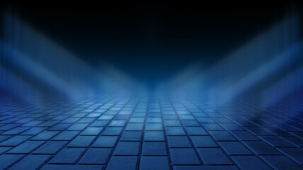Empty background scene. Dark street reflection on wet asphalt, fog. Rays of neon light in the dark, neon figures, smoke. Background of empty stage show. Abstract dark background.