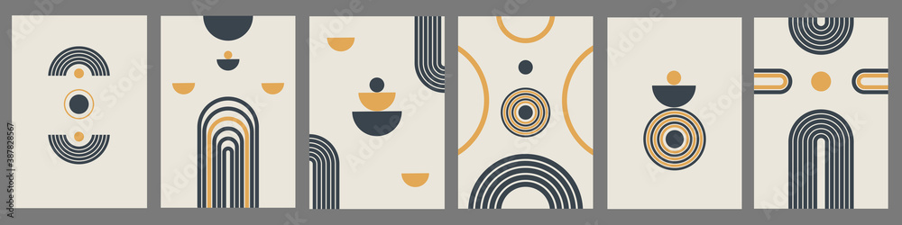 Poster Modern abstract set aesthetic backgrounds with geometric balance shapes. Wall decor in boho style. Organic vector print with a rainbow, circle and semicircle	