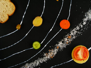 Solar system made of fruits, vegetables and salt
