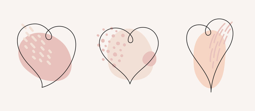 Doodle linear style heart shape illustrations collection. Soft pastel colors Valentine's day hand drawn cute graphic elements set. Line hearts drawings with trendy fluid, liquid pattern backgrounds.