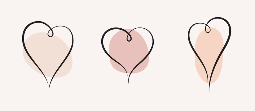 Doodle, minimal style heart shape frames set. Soft pastel colors Valentine's day illustration. Linear hearts, line drawings with trendy fluid, liquid text backgrounds. Hand drawn elements collection.