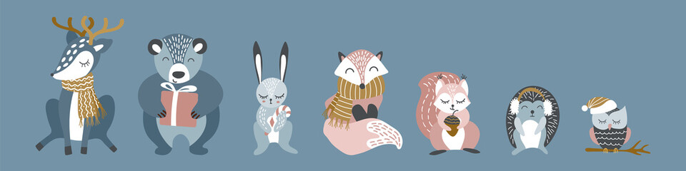 Cute cartoon hand drawn animals collection. Funny woodland characters with winter accessories on gray background. Vector illustration.