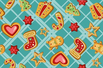 Colorful beautiful Christmas cookies icons seamless pattern. Sweet decorated new year backings background - gingerbread man star santa snowflake christmas tree ball sock. Vector illustration