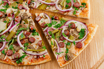 Pizza top view cutted on 8 pieces and one pushed forward. Advert for pizzeria caffee and restaurant. Food delivery at quarantine covid-19 concept.