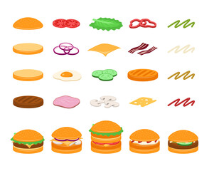 Cartoon Color Different Burger Ingredients Icons Set. Vector