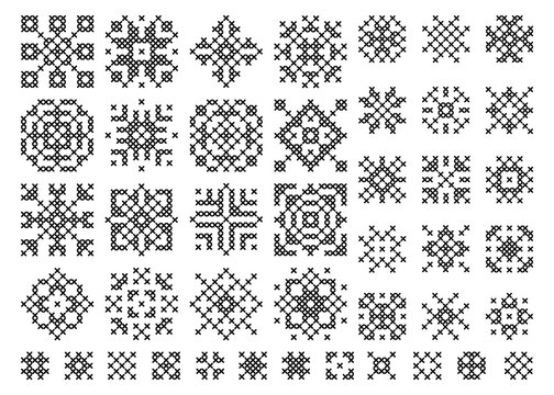 Cross stitch snowflake. Embroidery set of christmas elements. Holiday cross-stitch vector . Ethnic scandinavian or slavic pattern.
