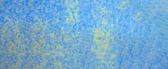 Fototapeta na wymiar background: rusty metal surface with blue paint flaking and cracking texture. web panorama banner with copy space.