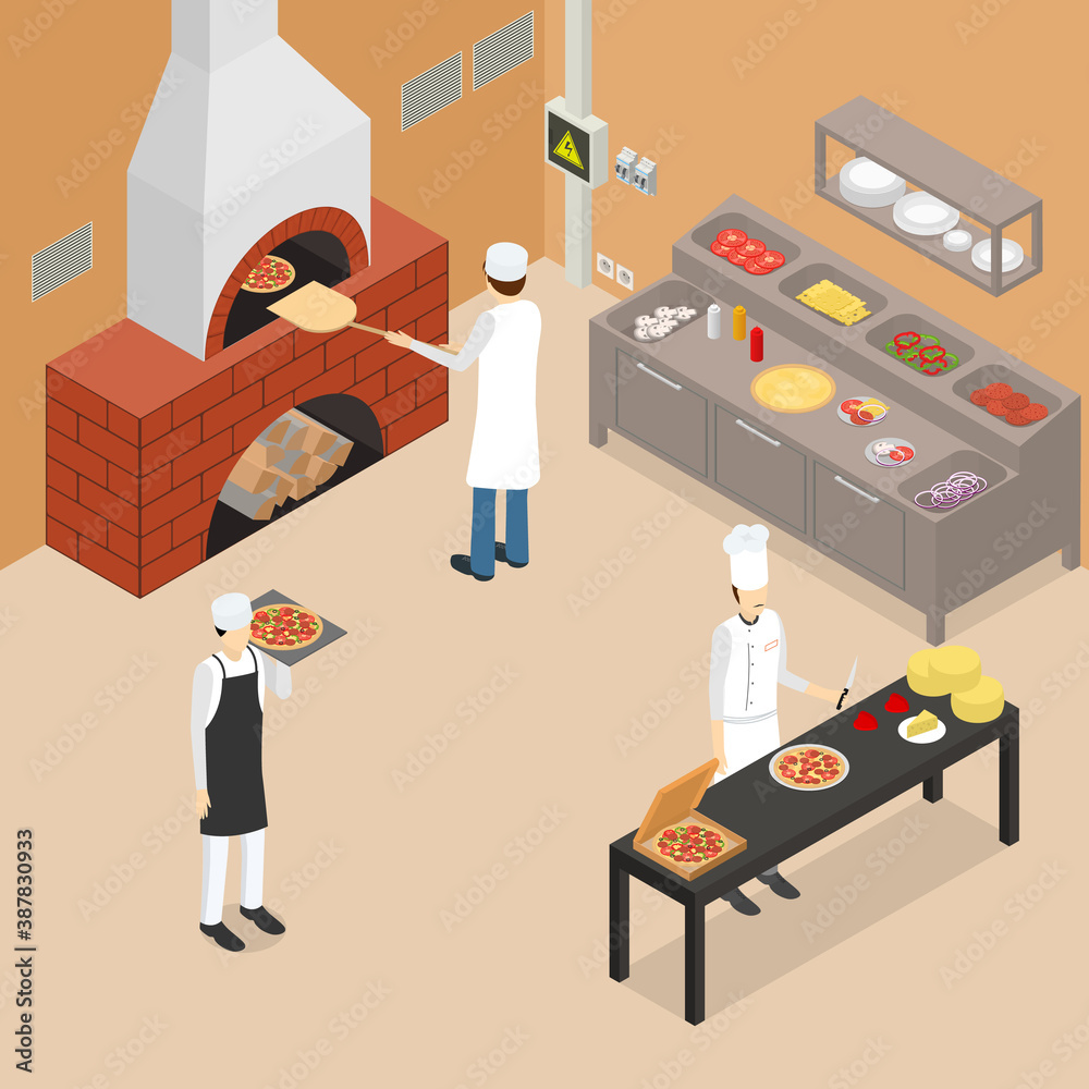 Wall mural Pizzeria Restaurant Interior with Furniture Isometric View. Vector