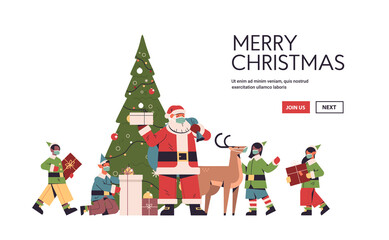 Obraz na płótnie Canvas santa claus with mix race elves in protective masks preparing gifts happy new year merry christmas holidays celebration concept full length horizontal copy space vector illustration