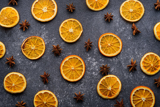 Dried Orange Slices With Star Anise On Gray Background, Kitchen Background, Top View, Citrus Composition