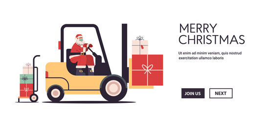 santa claus driving forklift truck loading colorful gifts merry christmas happy new year express delivery concept horizontal copy space vector illustration