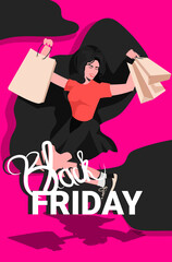 woman holding shopping bags black friday big sale promotion discount concept full length vertical vector illustration
