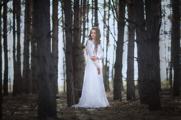 Obraz na płótnie Canvas a lonely girl in a vintage dress walks in a dark forest