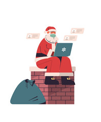 santa claus in protective mask sitting on chimney and using laptop happy new year merry christmas holidays celebration concept full length vertical vector illustration