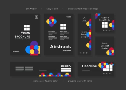 Set of black paper template corporate identity design with trendy abstract shape template layouts, include leaflet, brochure, banner, social media template for various purpose ads, editable vector.