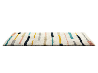 Fototapeta na wymiar Modern light beige fluffy rectangular carpet with a colorful geometric pattern. Contemporary rug with cotton base and high pile on white background. Mid-century, Scandinavian interior. 3d render