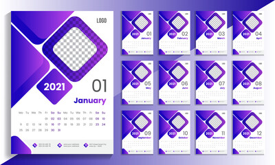 Calendar Design for 2021. Wall Calendar Template 2021. Creative Simple Business Planner Design. 12 page Calendar design. Week starts on Monday. Calendar Design with abstract and colorful Layout.