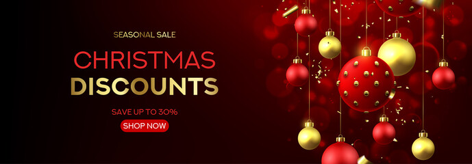 Christmas sale horizontal banner. Holiday background with realistic red and gold Christmas balls and golden confetti on dark background with effect bokeh. Vector illustration.