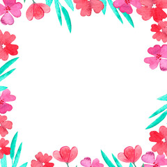 Obraz premium Watercolor flower frame, red flowers on a white background, suitable for decorating greeting cards, invitations.