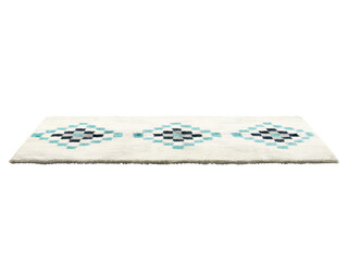 Modern light fluffy rectangular carpet with a blue geometric pattern. Contemporary rug with cotton base and high pile on white background. Mid-century, Scandinavian interior. 3d render