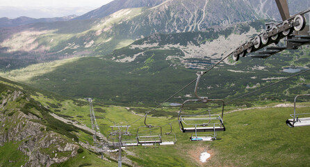 Mountain roller coaster to Kasprowy Wierch in the Polish Tatras. Rails over coniferous trees. Mountain trail. High green trees.