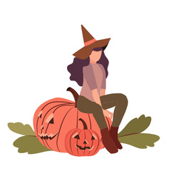 Autumn illustration of a cozy, beautiful girl in a blue sweater. The girl sits on the ground and holds a pumpkin in her hands.