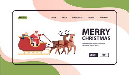 Fototapeta premium santa riding sledge with reindeers happy new year and merry christmas banner holidays celebration concept horizontal copy space vector illustration