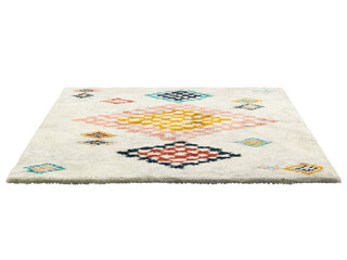 Modern light beige fluffy rectangular carpet with a colorful geometric pattern. Contemporary rug with cotton base and high pile on white background. Mid-century, Scandinavian interior. 3d render