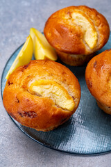 Fresh baked muffins with apple and cinnamon close up