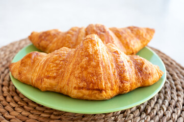 French puff pastry croissants from bakery close up