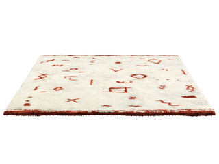 Modern light beige fluffy rectangular carpet with a red nordic pattern. Contemporary rug with cotton base and high pile on white background. Mid-century, Scandinavian interior. 3d render