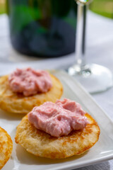 Tasting and pairing of french champagne wine with pancakes, creme fresh, red and black fish caviar and view on green vineyards of Champagne near Epernay on background