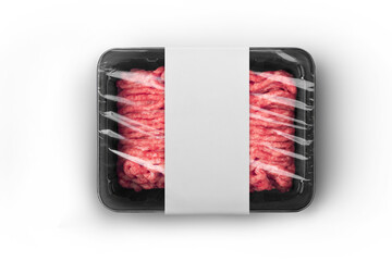 Black sealable plastic tray with white paper label filled with fresh raw minced meat top-view. Packaging template mockup collection. With clipping Path included.