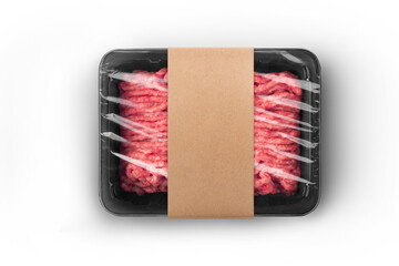 Black sealable plastic tray with craft paper label filled with fresh raw minced meat top-view. Packaging template mockup collection. With clipping Path included.