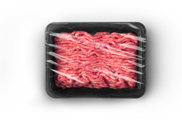 Black sealable plastic tray with fresh raw minced meat top-view. Packaging template mockup...