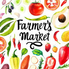 Illustration with watercolor food. Farmer's market. Set of different vegetables: tomato, pepper, peas, onion, sweet potato, potato, rosemaryy, avocado, olives, garlic. Fresh organic food.