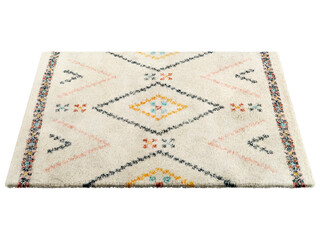 Scandinavian fluffy rectangular light beige carpet with a colorful nordic pattern. Contemporary rug with cotton base and high pile on white background. Mid-century, Scandinavian interior. 3d render