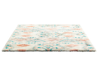 Light beige fluffy rectangular carpet with a scandinavian colorful geometric pattern. Contemporary rug with cotton base and high pile on white background. Mid-century, Scandinavian interior. 3d render