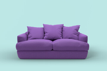 Violet couch with pillows on studio blue background.
