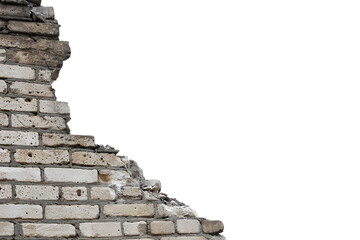 fragment of a destroyed white brick wall on a white background.