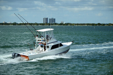 Sport fishing boat with a sedan bridge.