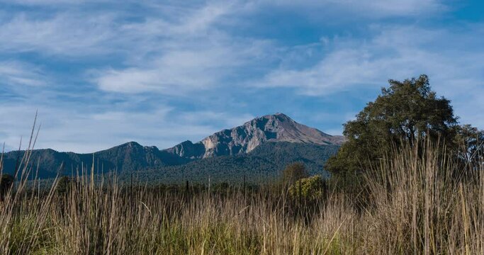 Timelapse of malinche volcano in Mexico with pasture and oak tree in the foreground, as seen from Huamantla, Tlaxcala