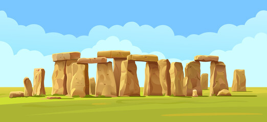 Stonehenge stone landscape on the field, blue sky and clouds. Vector illustration - obrazy, fototapety, plakaty