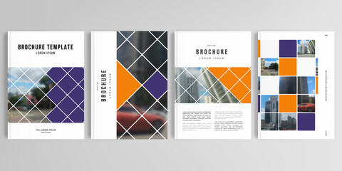Realistic vector layouts of cover mockup templates in A4 for brochure, cover design, flyer, book design, magazine, poster. Abstract design project in geometric style with squares and place for a photo