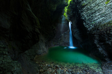 Fototapeta na wymiar Waterfall, Soca river, Soca Valley, Julian Alps, Municipality of Kobarid, Slovenia, Europe