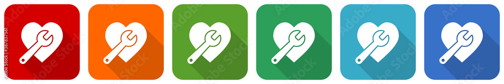 Poster wrench and heart icon set, flat design vector illustration in 6 colors options for webdesign and mob