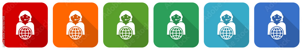 Poster Global online customer service icon set, flat design vector illustration in 6 colors options for webdesign and mobile applications