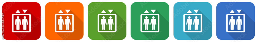 Poster elevator, lift icon set, flat design vector illustration in 6 colors options for webdesign and mobil