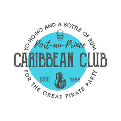 Vintage handcrafted label, emblem. Caribbean club logo template. Sketching filled style. Pirate and sea symbols - old rum bottle, pirate skull. Isolated on white. Retro stamp and patch.